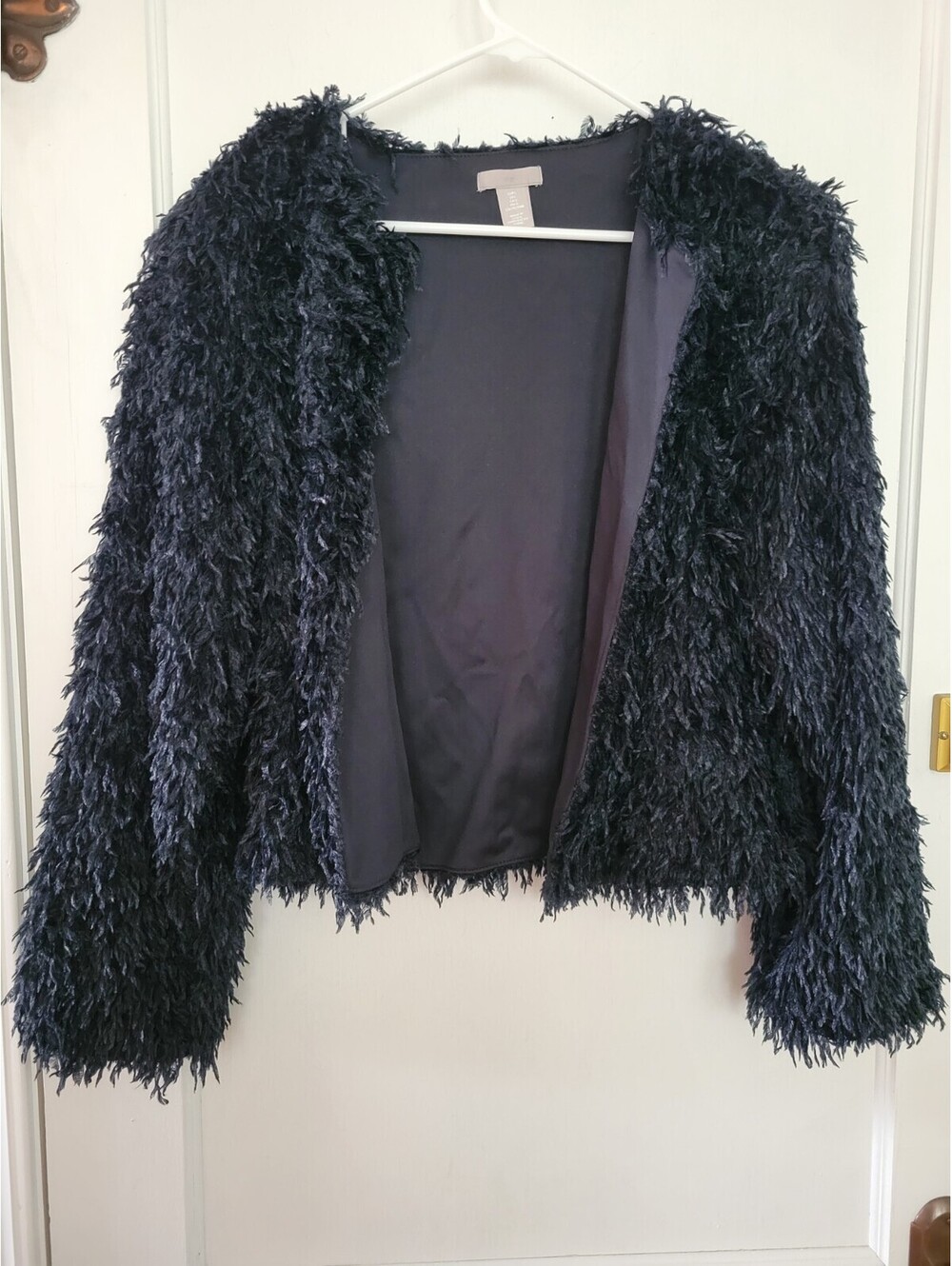 H&M Women’s Black Fuzzy Shaggy Faux Fur Jacket Y2K Cozy Glam Clubwear Large NWOT